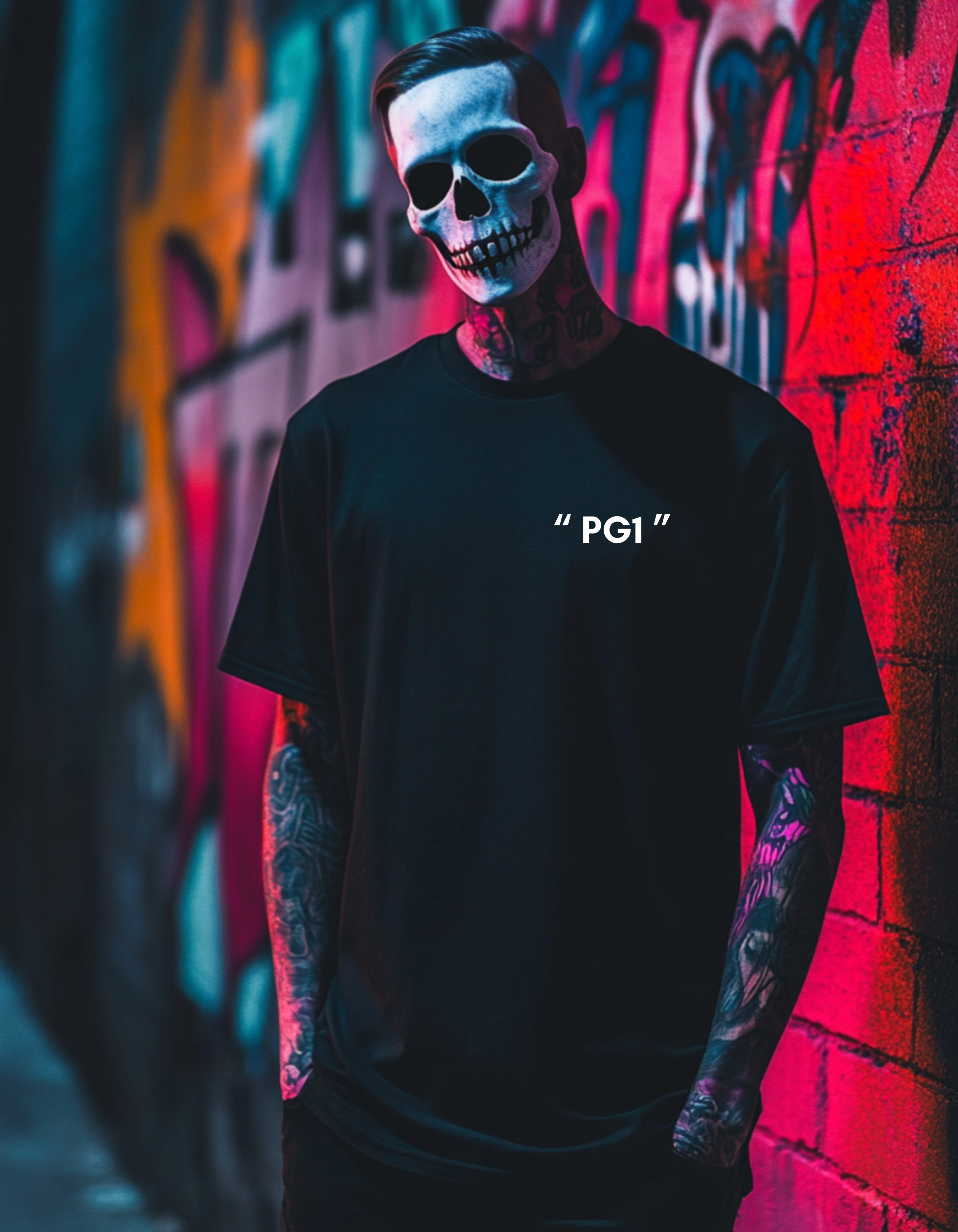 Tattooed model wearing black PG1 t-shirt standing in neon-lit graffiti alley with dramatic lighting