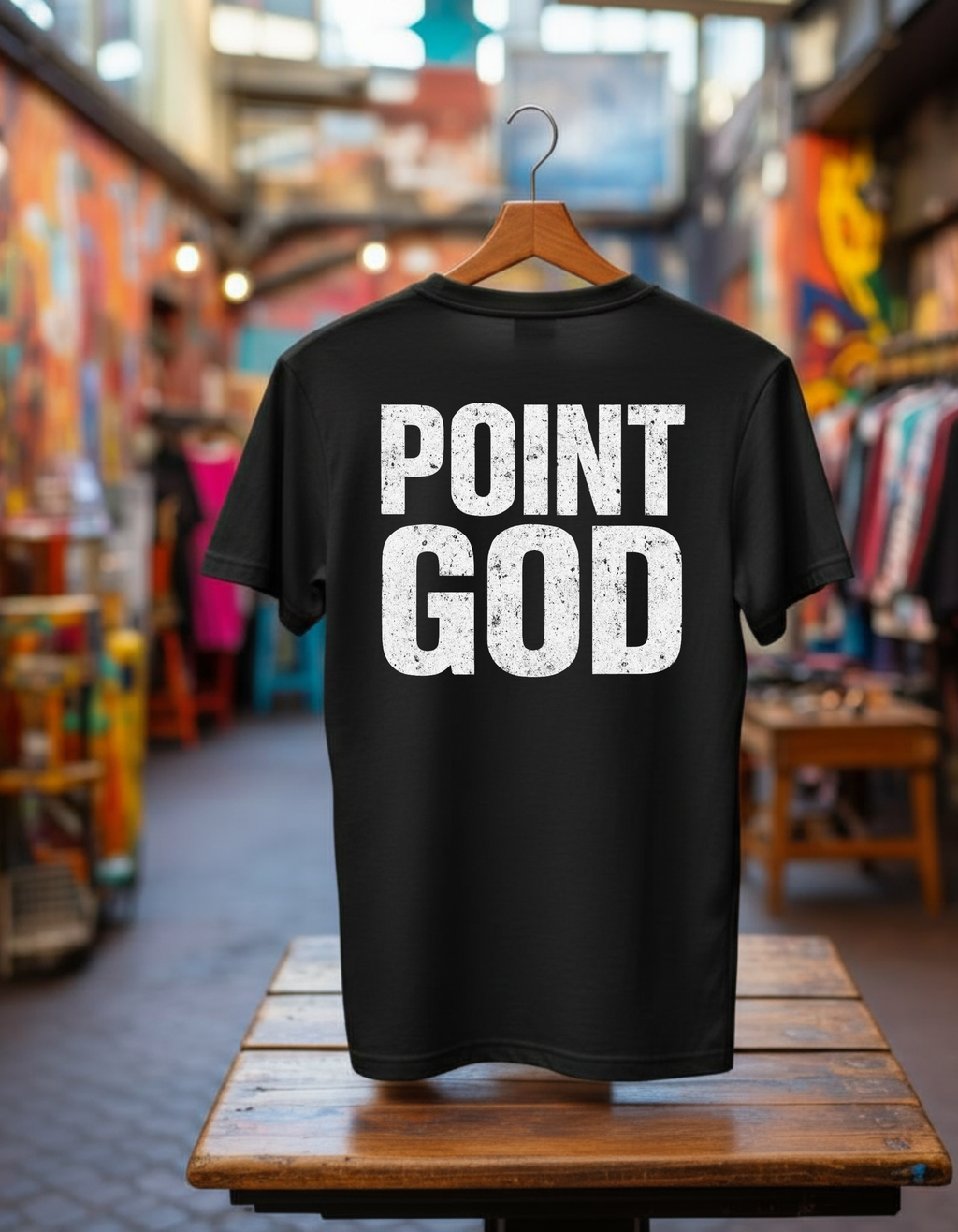 “Black t-shirt hanging in a streetwear boutique with large white distressed POINT GOD text on the back.”