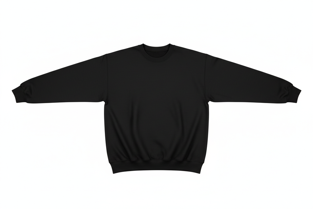 black crewneck sweatshirt arms spread