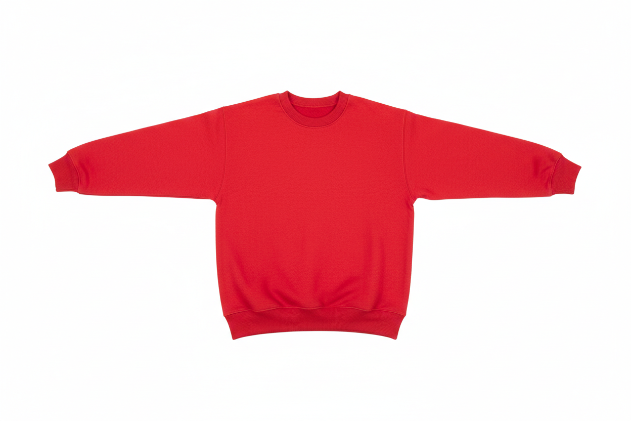 bright red crewneck sweatshirt arms spread