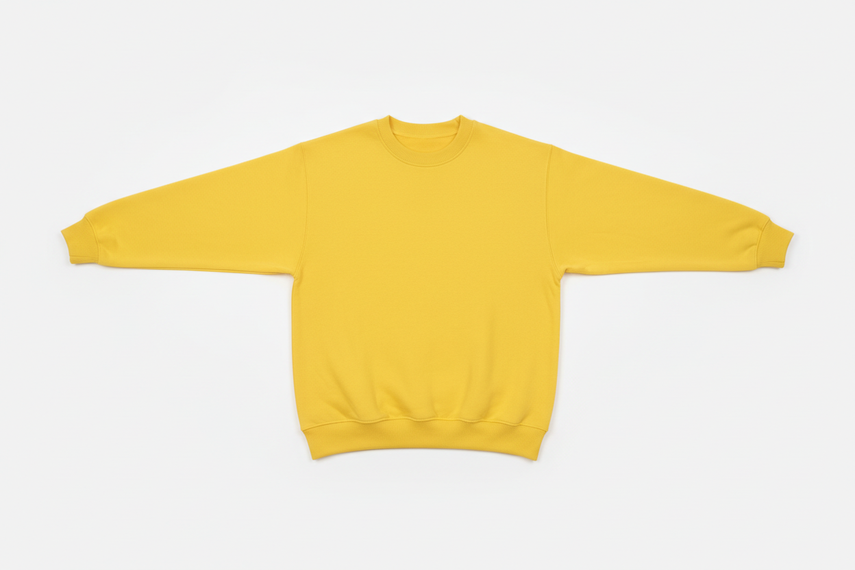 bright yellow crewneck sweatshirt arms spread