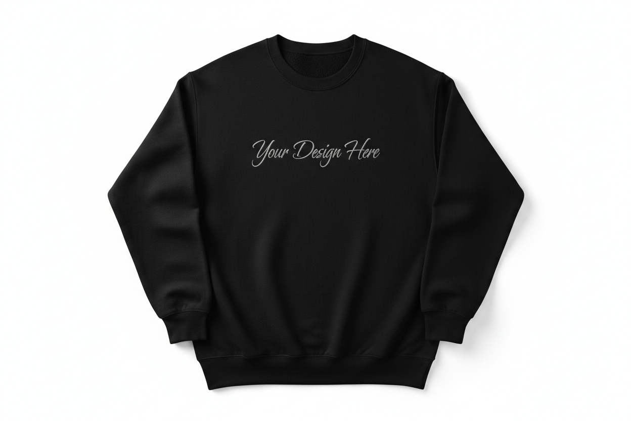 full length premium black crewneck with"Your Design Here" on the front in premium fashion lettering