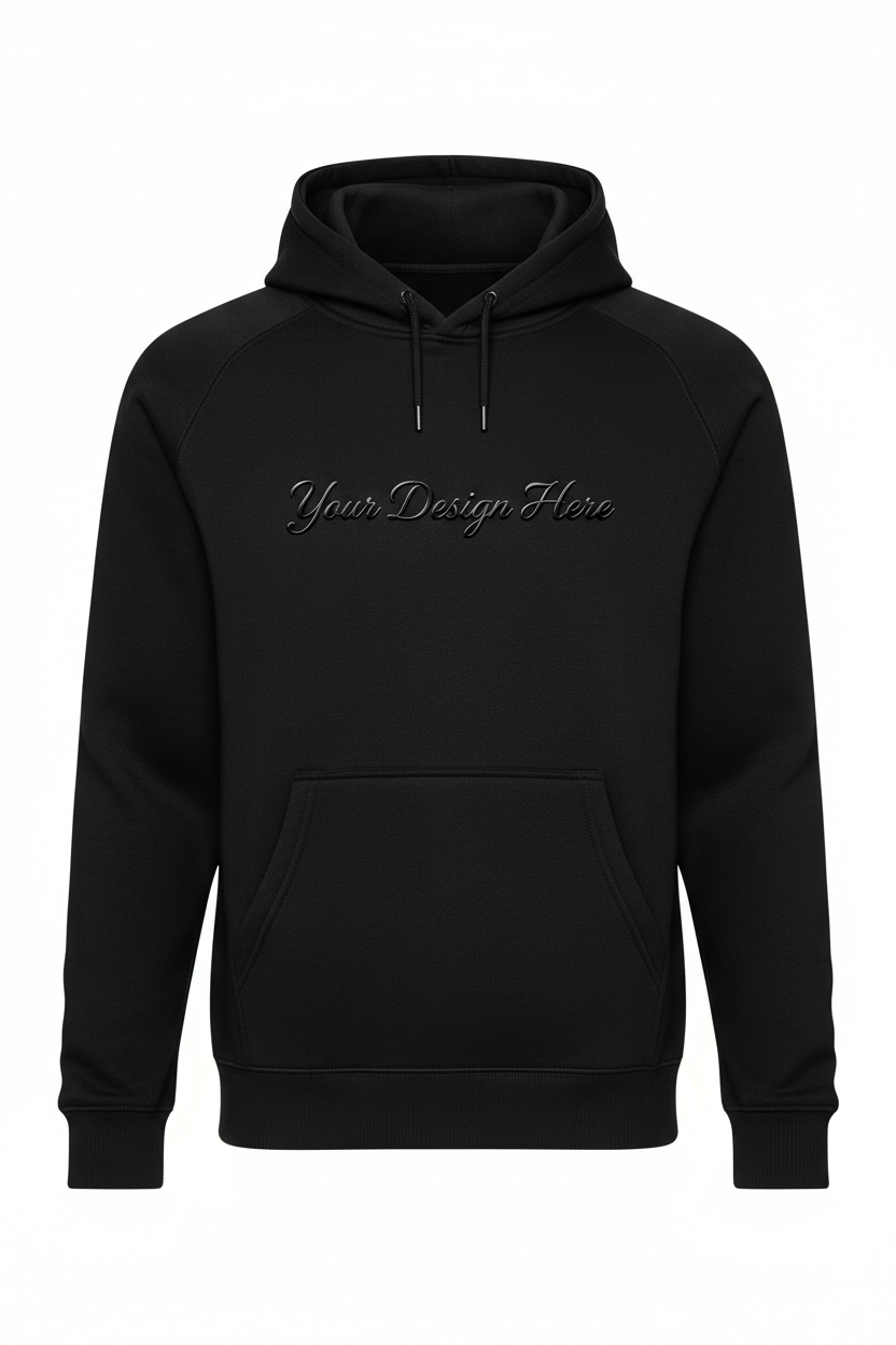 full length premium black hoodie with"Your Design Here" on the front in premium fashion lettering