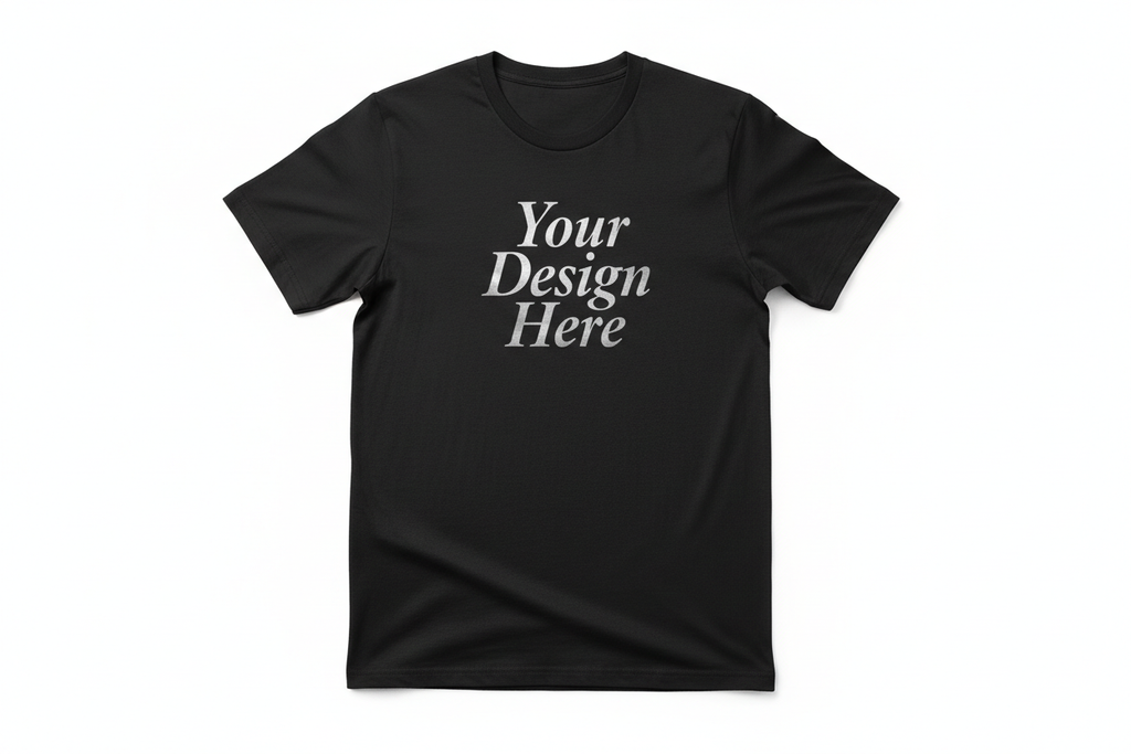 full length premium black tshirt with"Your Design Here" on the front in premium fashion lettering