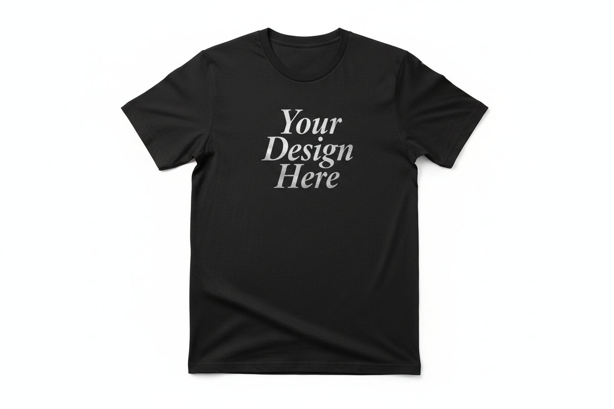 full length premium black tshirt with"Your Design Here" on the front in premium fashion lettering
