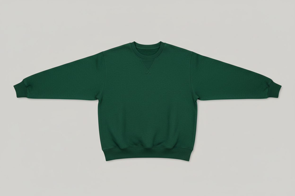 green crewneck sweatshirt arms spread